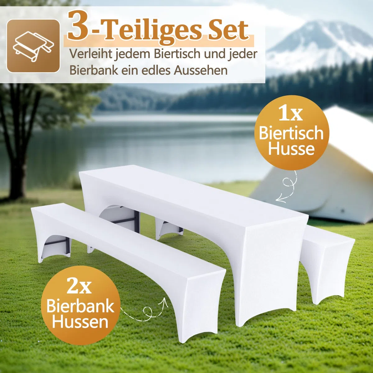Alishomtll Set di 3 coperture elastiche per tavolo da birra, per tavolo da birra, banchetti, mobili da giardino, 220 x 70 cm, colore bianco