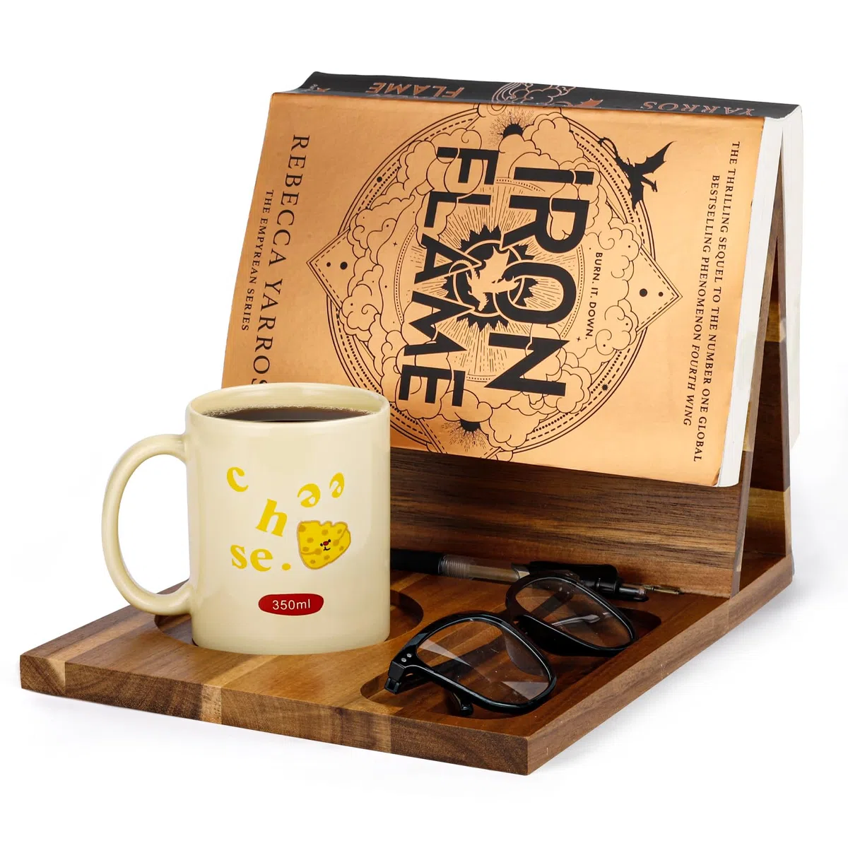 Supporto per libri in legno per appoggiare le pagine, unico servizio di lettura con tazza, occhiali e portapenne, idee regalo per gli amanti dei libri