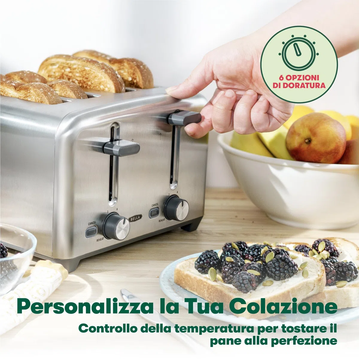 bella Tostapane a 4 fette, risultati rapidi e uniformi ogni volta, ampie fessure si adattano a pane di qualsiasi dimensione come bagel o toast texas, acciaio inossidabile, 4 Fette
