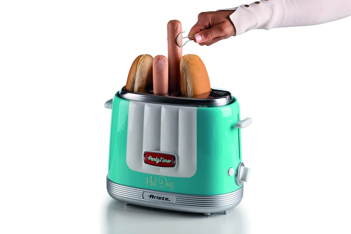 Ariete 206 Hot Dog Maker Party Time, Macchina per fare hot dog, 650 W, 5 livelli di cottura, 4 spazi di cottura, Espulsione automatica, Azzurro