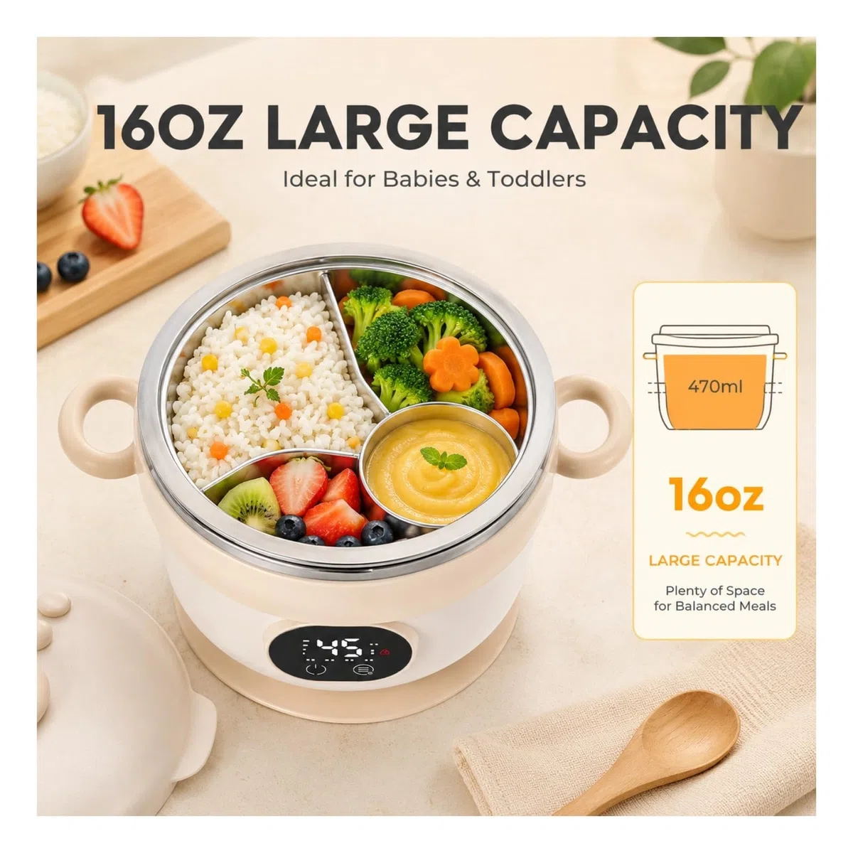 Cuifati Scaldavivande elettrico portatile da 470 ml (16 oz), alimentato a batteria, in acciaio inossidabile, con riscaldamento a un clic, ideale per lavoro, viaggi, bambini e adulti