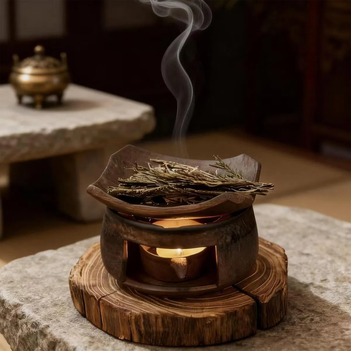 Bruciatore di oli essenziali in ceramica per aromaterapia, bruciatore di incenso Zen e cedro, fatto a mano, kit per meditazione, relax e decorazione della camera da letto