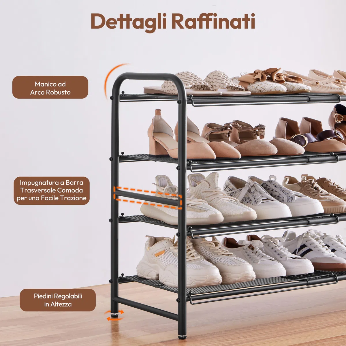 Yaheetech Scarpiera Estensibile in Rete Metallica Organizer Scarpe Ventilato Moderno per Ingresso Corridoio o Spogliatoio Capacità 15-20 Paia di Scarpe (Nero, 4 Livelli)
