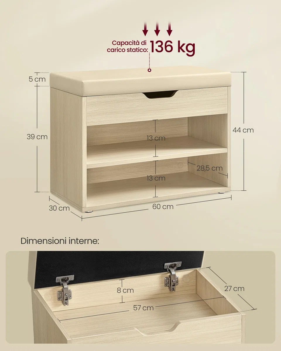 VASAGLE Panca Scarpiera, Scarpiera Ingresso con Sedile Imbottito, 3 Scomparti, 30 x 60 x 44 cm, per Corridoio Camera da Letto Soggiorno, Beige Naturale LHS020K01