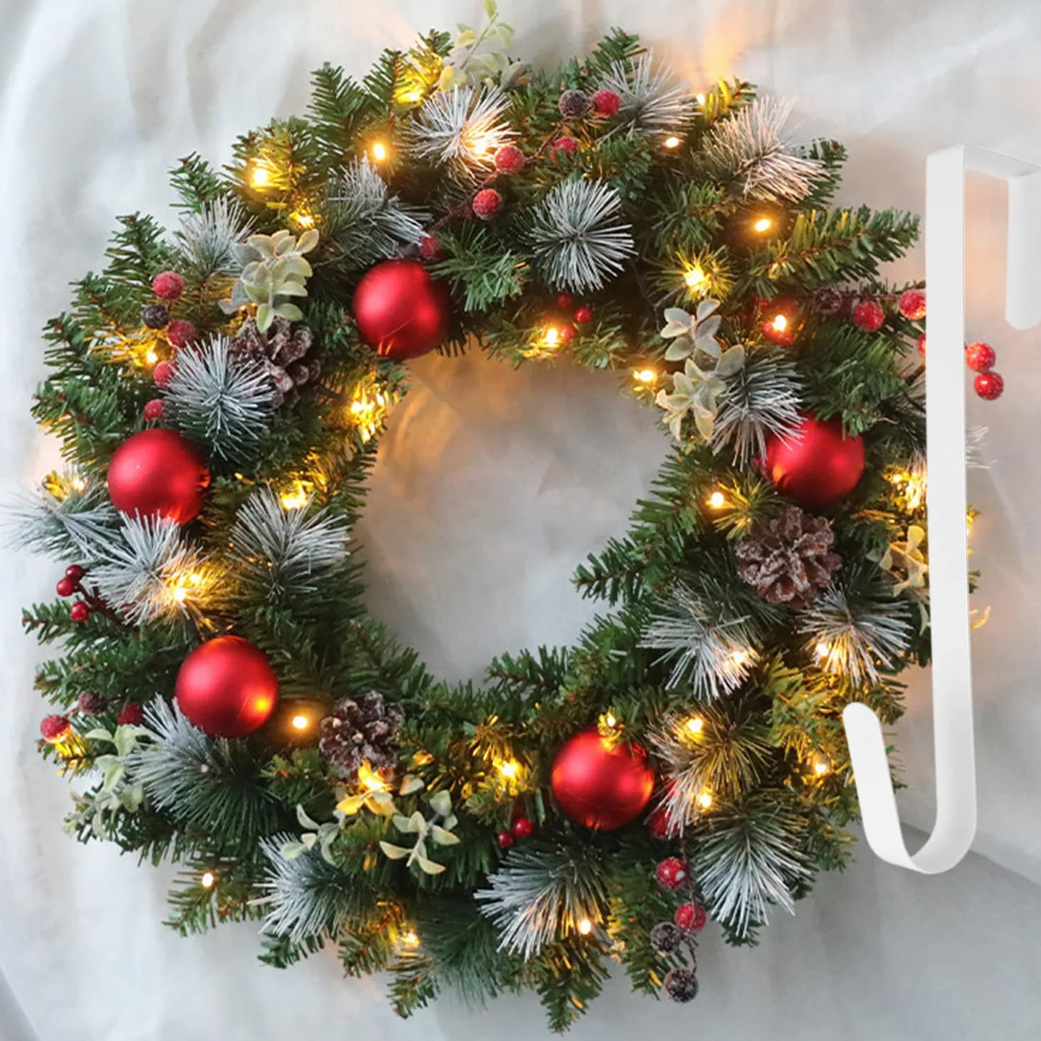 Ghirlanda natalizia da 40 cm, decorazioni per porta d'ingresso, con luci a LED e gancio, ghirlande artificiali per finestra, camino, decorazione natalizia da parete, per interni ed esterni,