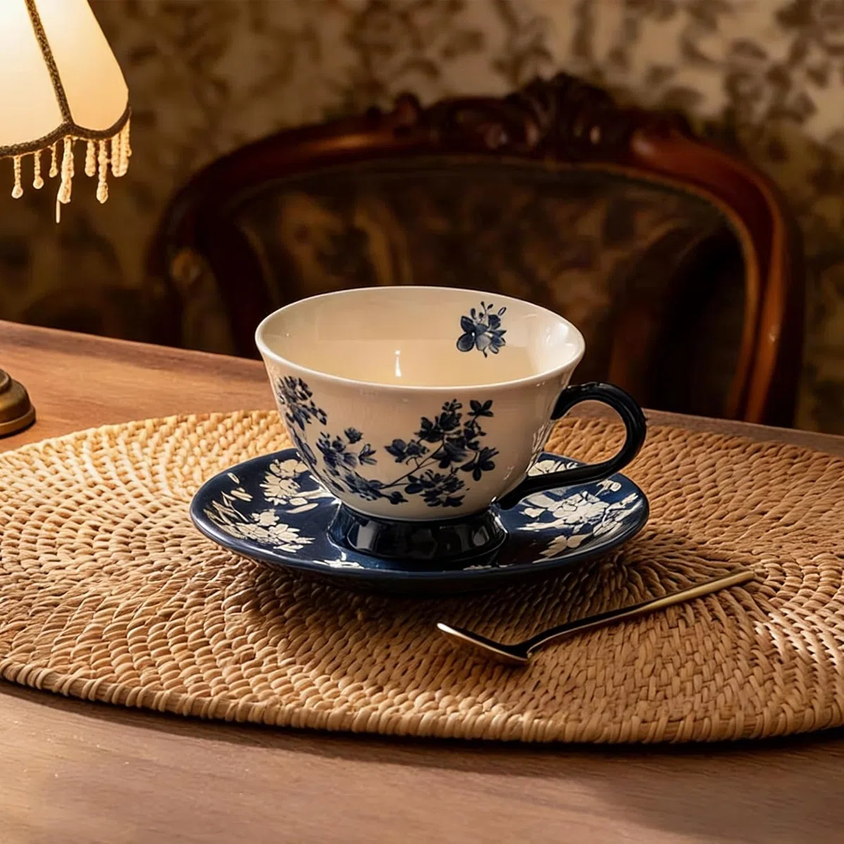 fanquare Elegante Set Tazzina da Caffè e Piattino in Porcellana 220ml,Tazza da Tè Vintage con Motivo Floreale Blu marino e bianco Servizio da Tè Pomeridiano Elegante per Casa e Ufficio