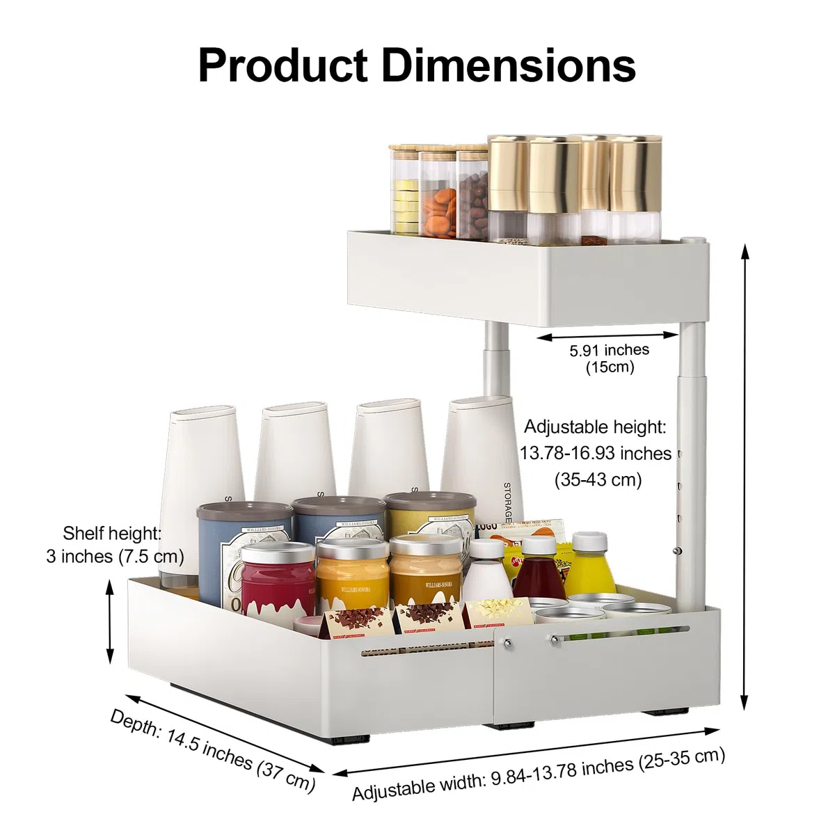 Organizer Sottolavello Cucina Regolabile in Metallo – Sistema Estraibile e Altezza Regolabile, Organizzatore Universale per Lavello in Cucina e Bagno con Porta Detersivi Salvaspazio (1, Bianco)