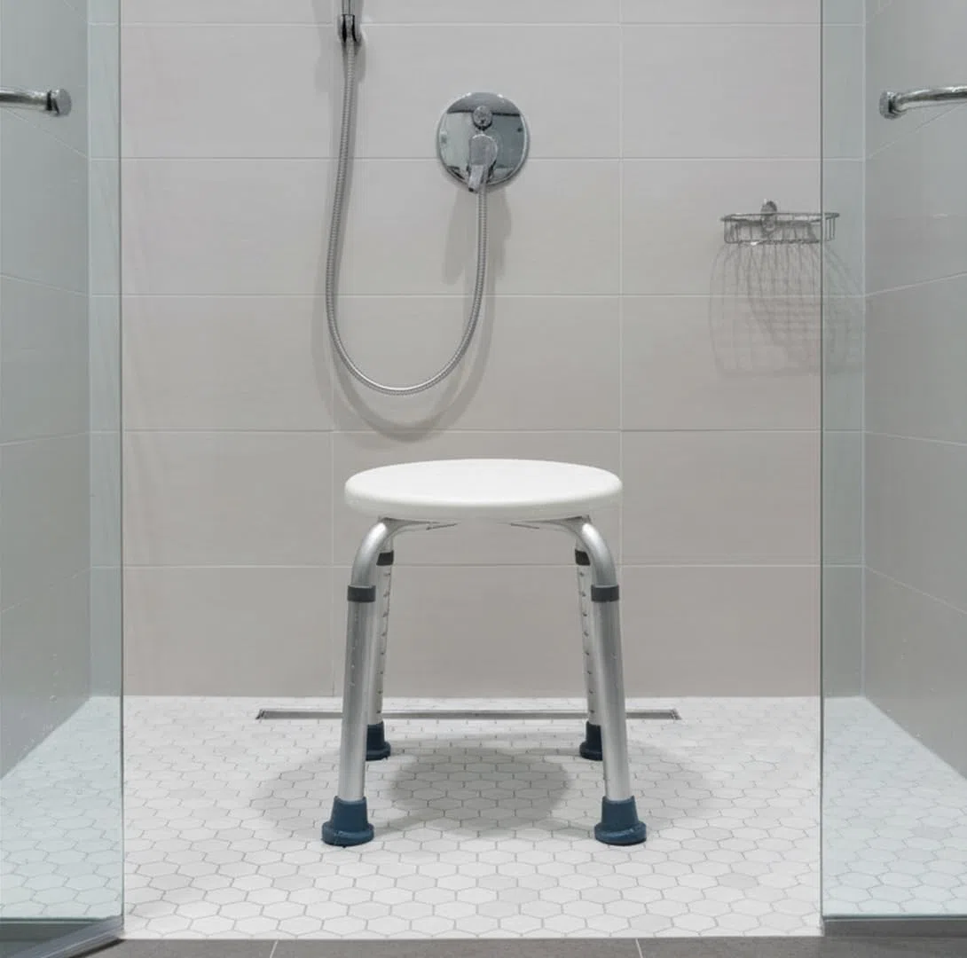 Ausilium Sgabello per Doccia Circolare in Alluminio Anodizzato - Sedile da Bagno per Anziani e Disabili - Altezza Regolabile - Piedini Antiscivolo, Portata 100 kg