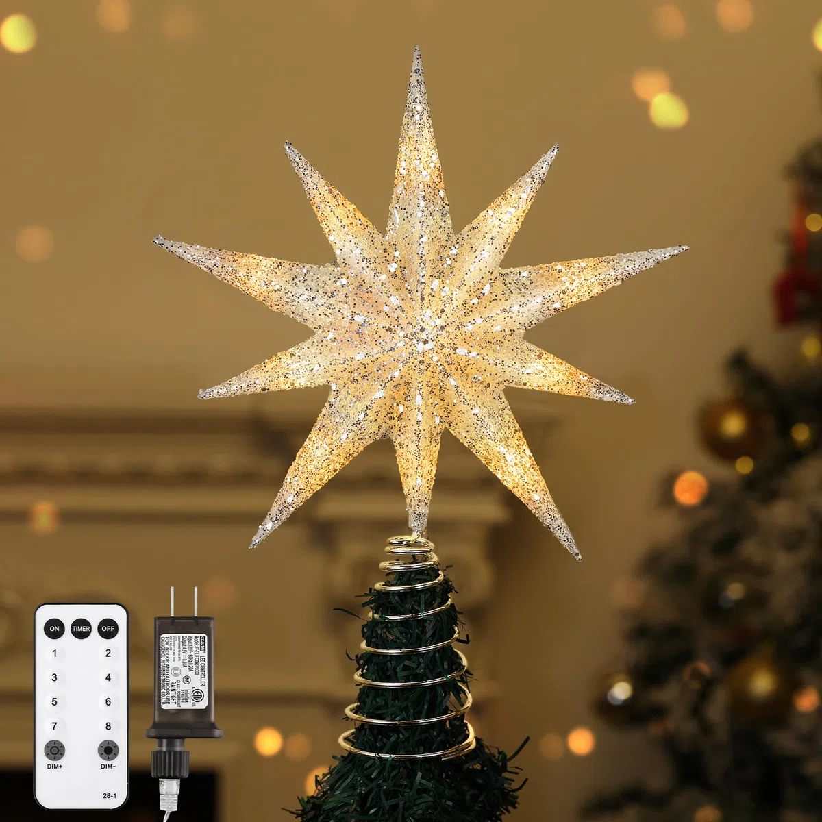 Lewondr Stella Cima per Albero di Natale,13" Stella Natalizia a 10 Punte Illuminata con Alimentazione a Presa e Telecomando per Decorazioni Natalizie,Timer 6H&8 Modalità Illuminazione, Luce Calda