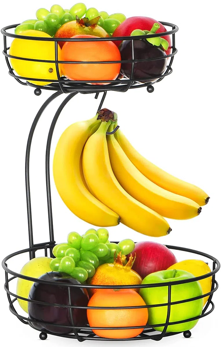 Cesto per frutta con porta banana – 2 ripiani in metallo – Cucina in piedi moderni ciotole per frutta – Cestino decorativo per frutta – Nero