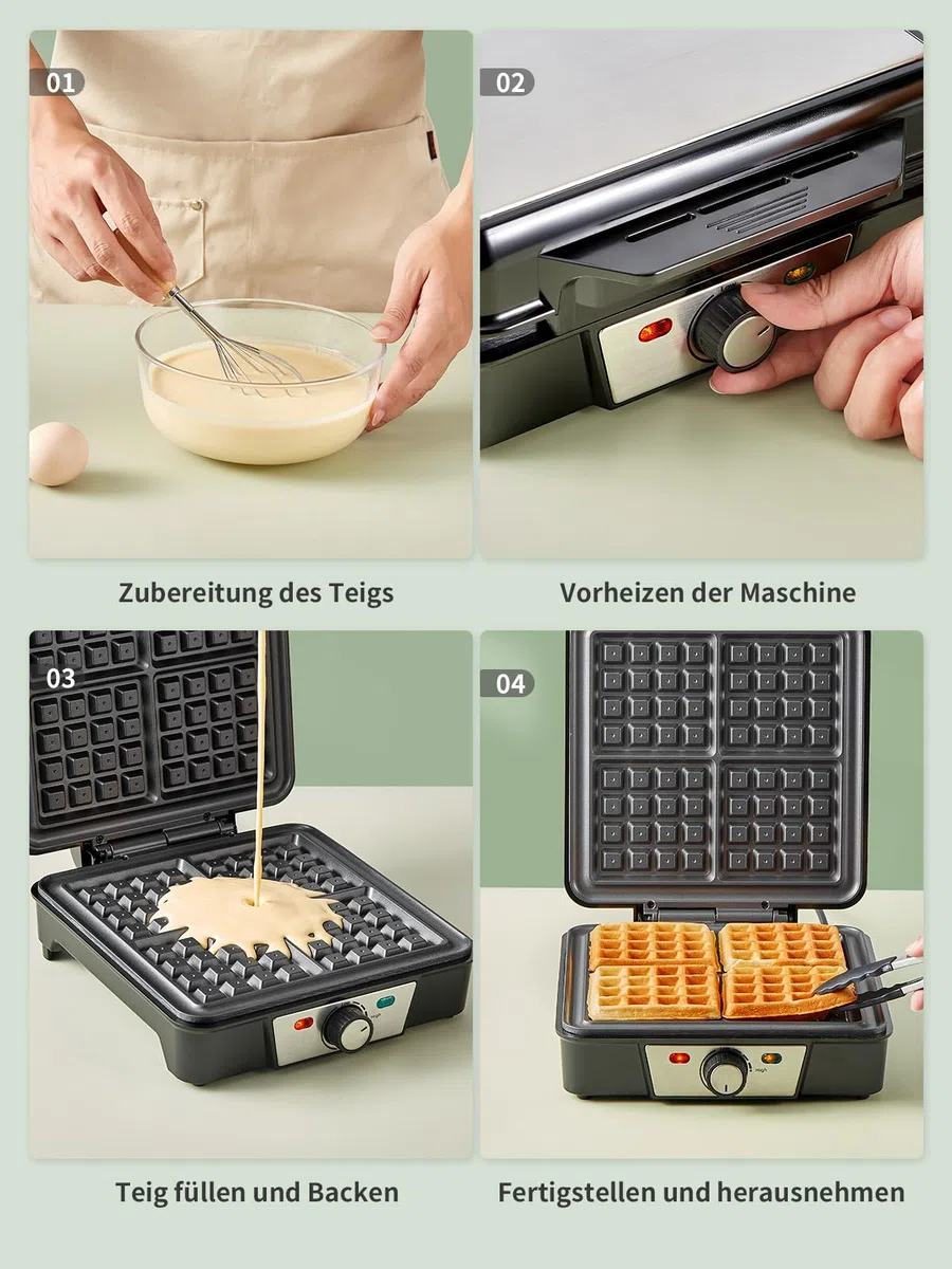 Piastra per waffle per 4 waffle belghe, 1200 W, con anti-troppopieno, regolatore abbronzatura, piastre antiaderenti e spie di controllo