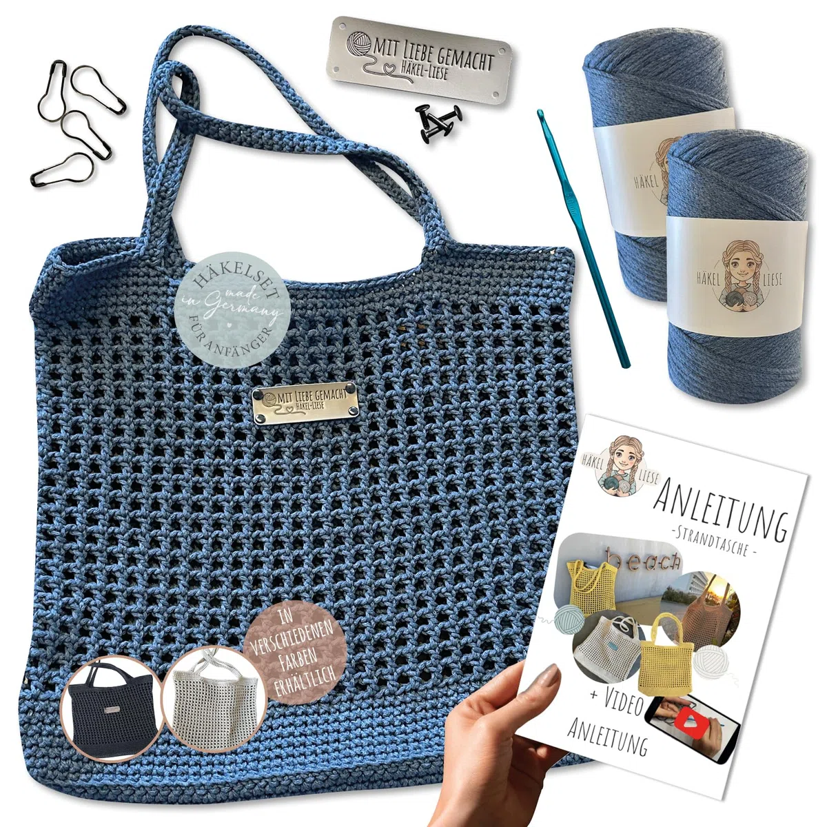 HÄKEL LIESE Set all'uncinetto per principianti, borsa da spiaggia da donna, set per principianti, adulti, uncinetto, borsa all'uncinetto, set fai da te per adulti, borsa all'uncinetto (blu)