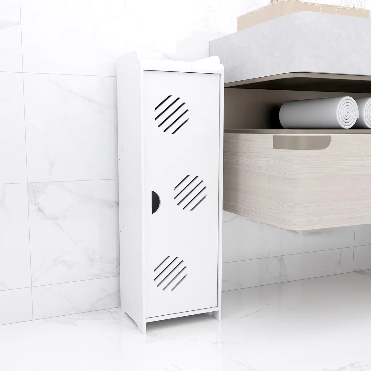 HUOLE Mobile Bagno Verticale Porta Oggetti da Bagno Slim Salvaspazio con Apertura, armadietto con ante e ripiani, Armadietto Porta Carta Igienica, Detergenti e Accessori,(B) 75 x 20 x 24 cm - Blanc