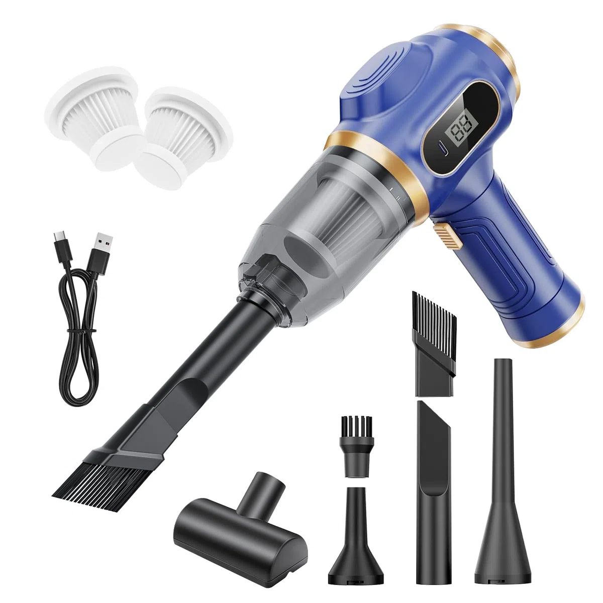 Aspirapolvere Portatile per Auto Senza Fili, Mini Aspirapolvere Manuale Ricaricabile con Display LCD e Multi-Bocchette, Alta Potenza per Auto, Casa, Ufficio, Divano, Peli di Animali, Tastiera