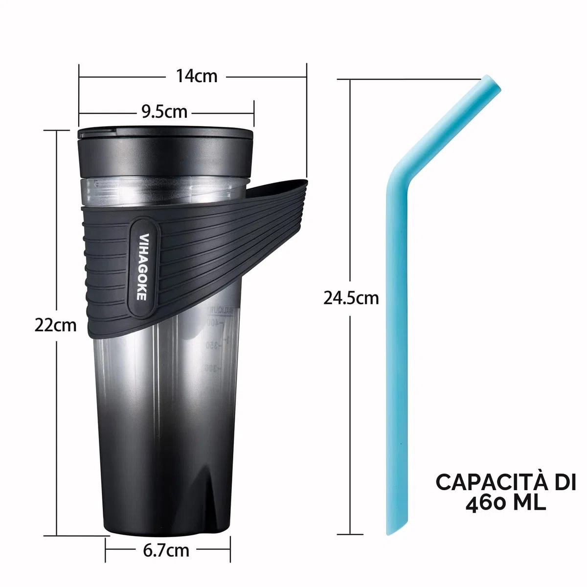 Mixer Smoothie Maker to Go, 460 ml, bottiglia Fresh Juice, 4000 mAh ricaricabile, 6 lame affilate, mini cannuccia in silicone, per viaggi e uso a casa, HD-07, nero