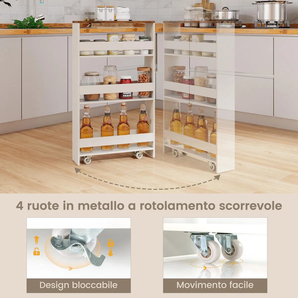 COSTWAY Carrello Portaoggetti a 4 Ripiani, Carrello da Cucina con Maniglia Laterale e Ruote, Carrellino Scorrevole Salvaspazio Slim e Sottile (Marrone+Bianco, 13 cm)