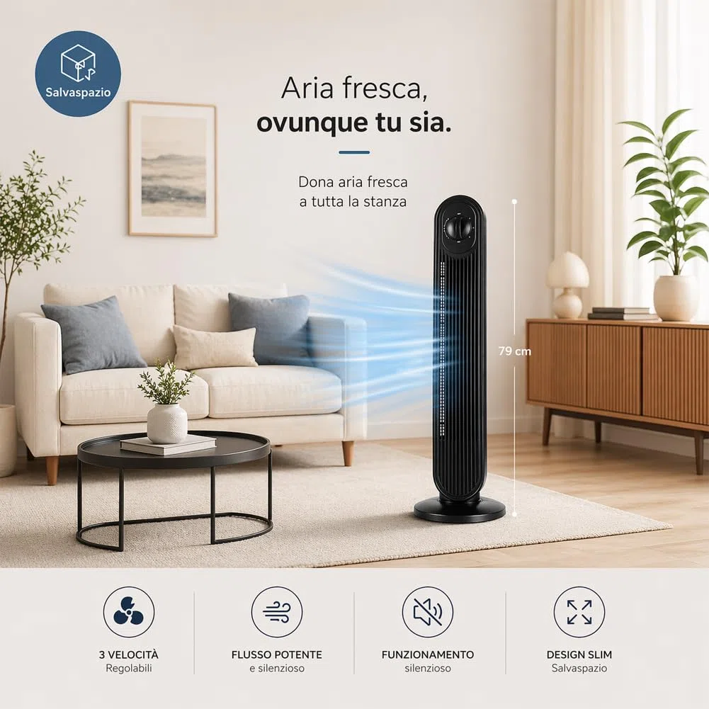 BAKAJI Ventilatore a Torre Potenza 60W, Raffrescatore Verticale da Pavimento Bianco Salvaspazio Altezza 79 cm, Flusso d'Aria Continuo e Pannello di Controllo Ideale per Casa e Ufficio