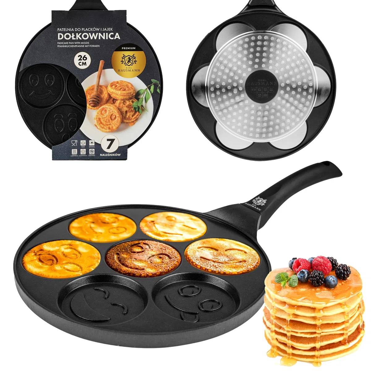 KARL HAUSMANN Padella Pancake Induzione - 26 cm - 7 x Stampo Maker - Antiaderente Pentola Pancakes - Bambini con Motivo Smiley - Padella per Uova Occhio di Bue - Padelle in Alluminio - Pentole Pancake