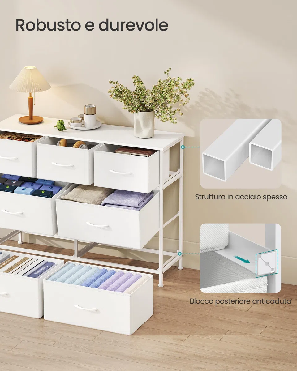 SONGMICS BELLAH Collezione - Cassettiera Camera da Letto, Mobile con Cassetti, Acciaio, Cabina Armadio Ingresso Soggiorno, 7 Cassetti, Moderno, Bianco Nuvola e Bianco Neve LGS323WH01