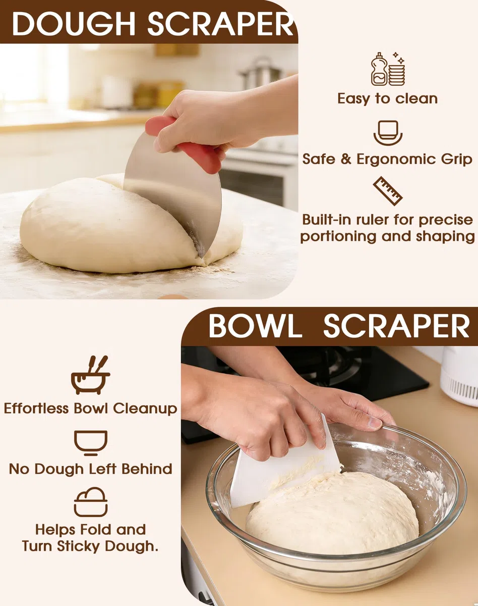 Cestino Lievitazione Pane Rotondo 23cm – 10 Pezzi Kit Completo di Panettiere con Banneton in Rattan Naturale, Sourdough Starter Kit, Lame con 5 Lame, Tappetino in Silicone, Raschietto e 16 Stencil