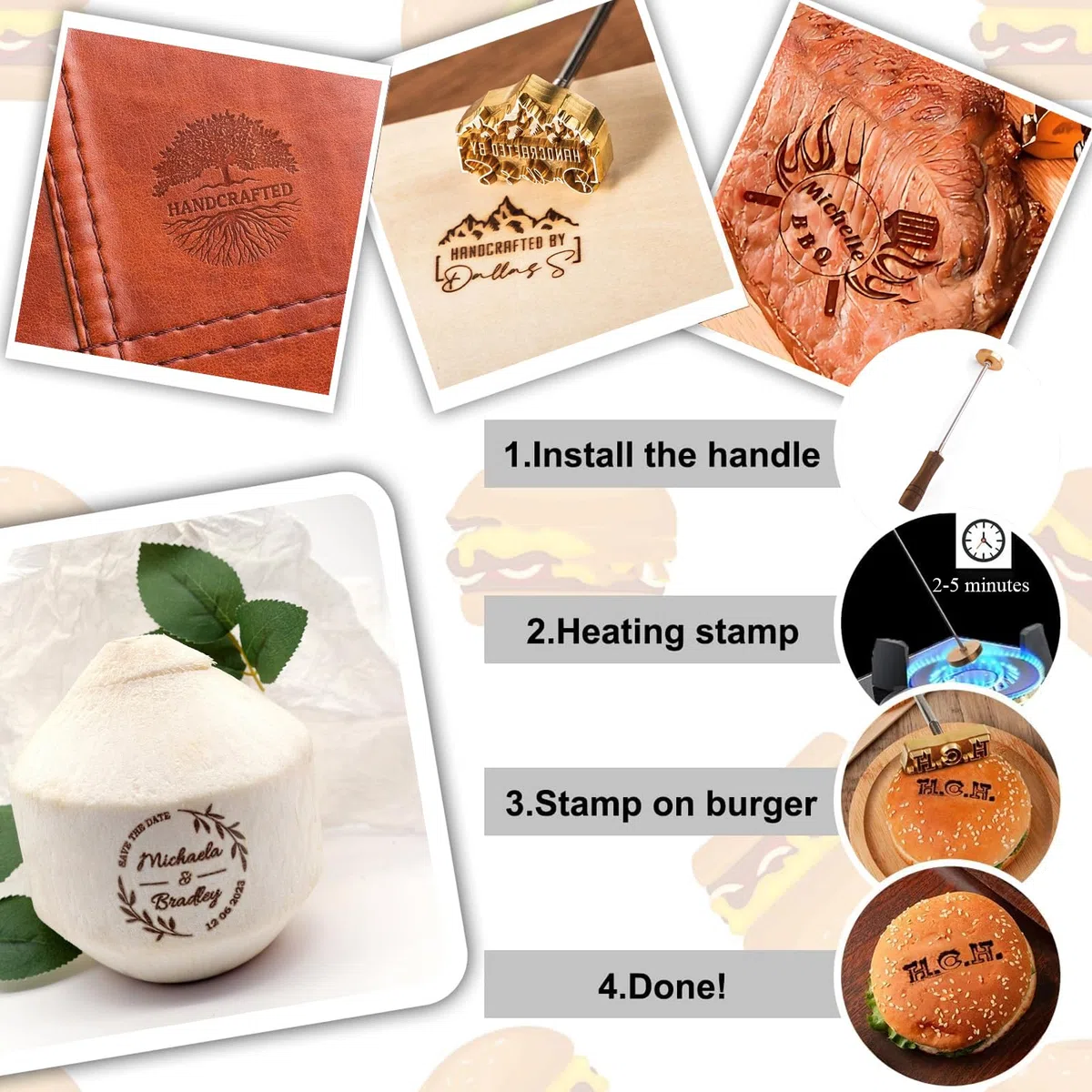 Ferro da stiro personalizzato per legno e pelle, hamburger, barbecue, bistecca e pane, logo personalizzato (3.8cm)