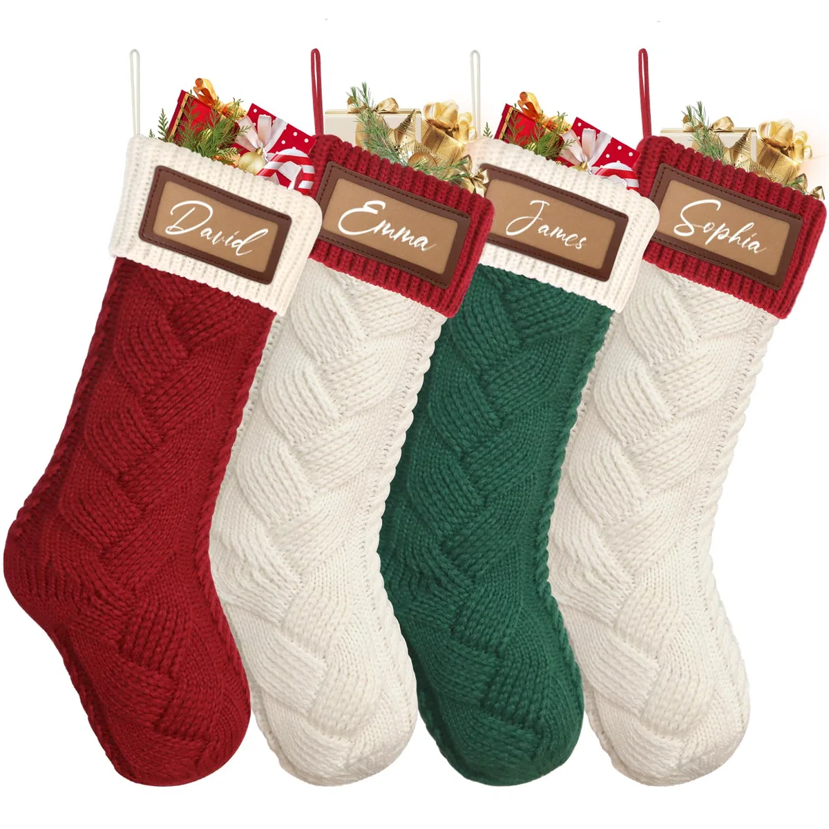 Dremisland 4 Pezzi Calza Befana Personalizzata Calze Natalizie da Appendere con Nome 46cm Calzini Grandi in Maglia Appendibili Calza Befana Natale per Camino Albero Natale Decorazioni Feste di Natale