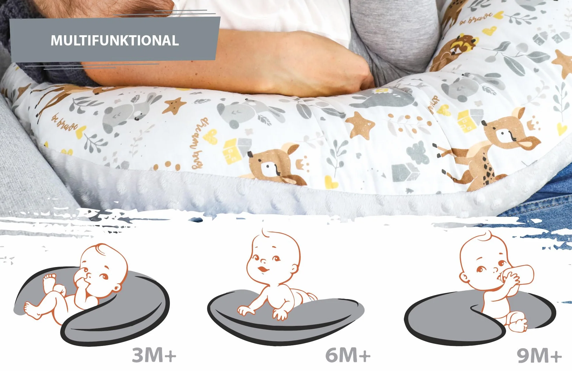 Totsy Baby Cuscino allattamento e gravidanza Minky 130 cm - cuscini neonato per allattare e dormire accessori per mamma y bebe lavabile e multifunzione Oeko-Tex Cervo grigio