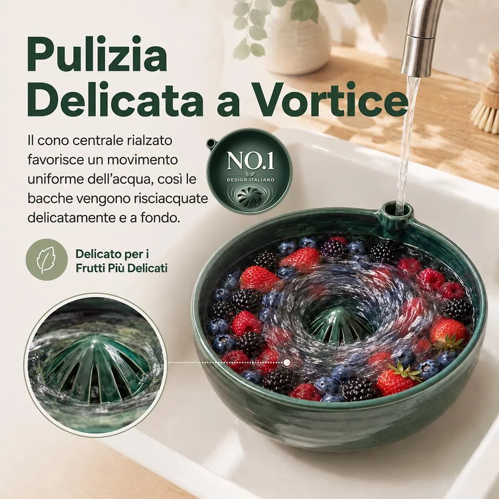 Ciotola Lavaggio Bacche con Scarico, Lava Frutta Vortice in Plastica o Ceramica, per Mirtilli, Fruttini e Frutti di Bosco (Verde)