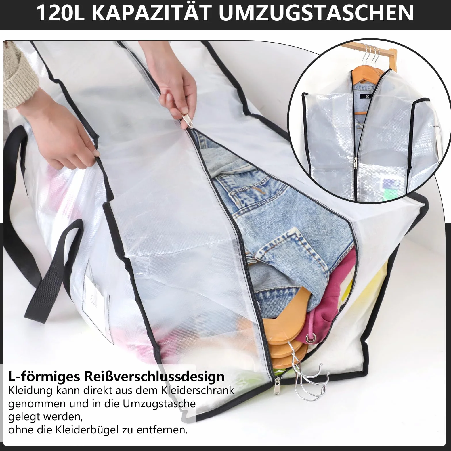 Dntorx 8 sacchetti da 120 l, resistenti e trasparenti, per trasloco di Natale, grandi dimensioni, con manico con cerniera, pieghevole, per trasloco, biancheria da letto, vestiti, 8 pezzi