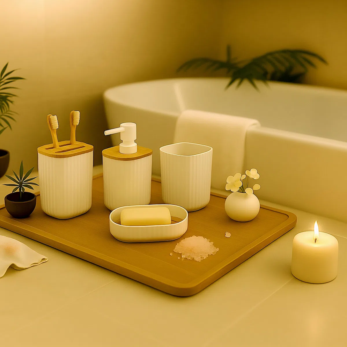 Relaxdays Set Bagno 6 Accessori, Cestino, Scopino WC, Portasapone, Saponetta, Portaspazzolino, Plastica e bambù, Bianco