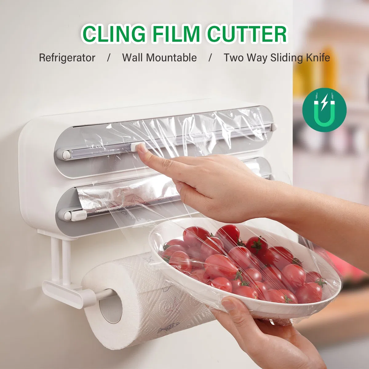 Distributore di Pellicola con Taglierino 3 in 1 Dispenser Universale per Pellicole e Portarotolo da Cucina Dispenser di Pellicola Trasparente per la Cucina Salvafreschezza