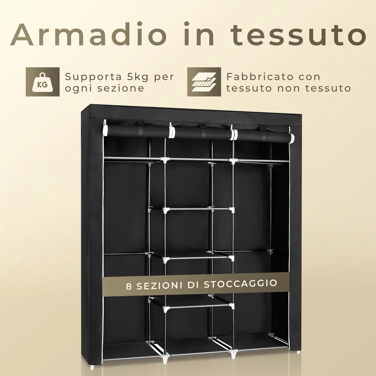 JUPPLIES Armadio in Tessuto Portatile 45x130x167 cm – Armadio Salvaspazio con Ripiani e Barra Appendiabiti – Guardaroba Pieghevole con Cerniera, Montaggio Facile Senza Attrezzi
