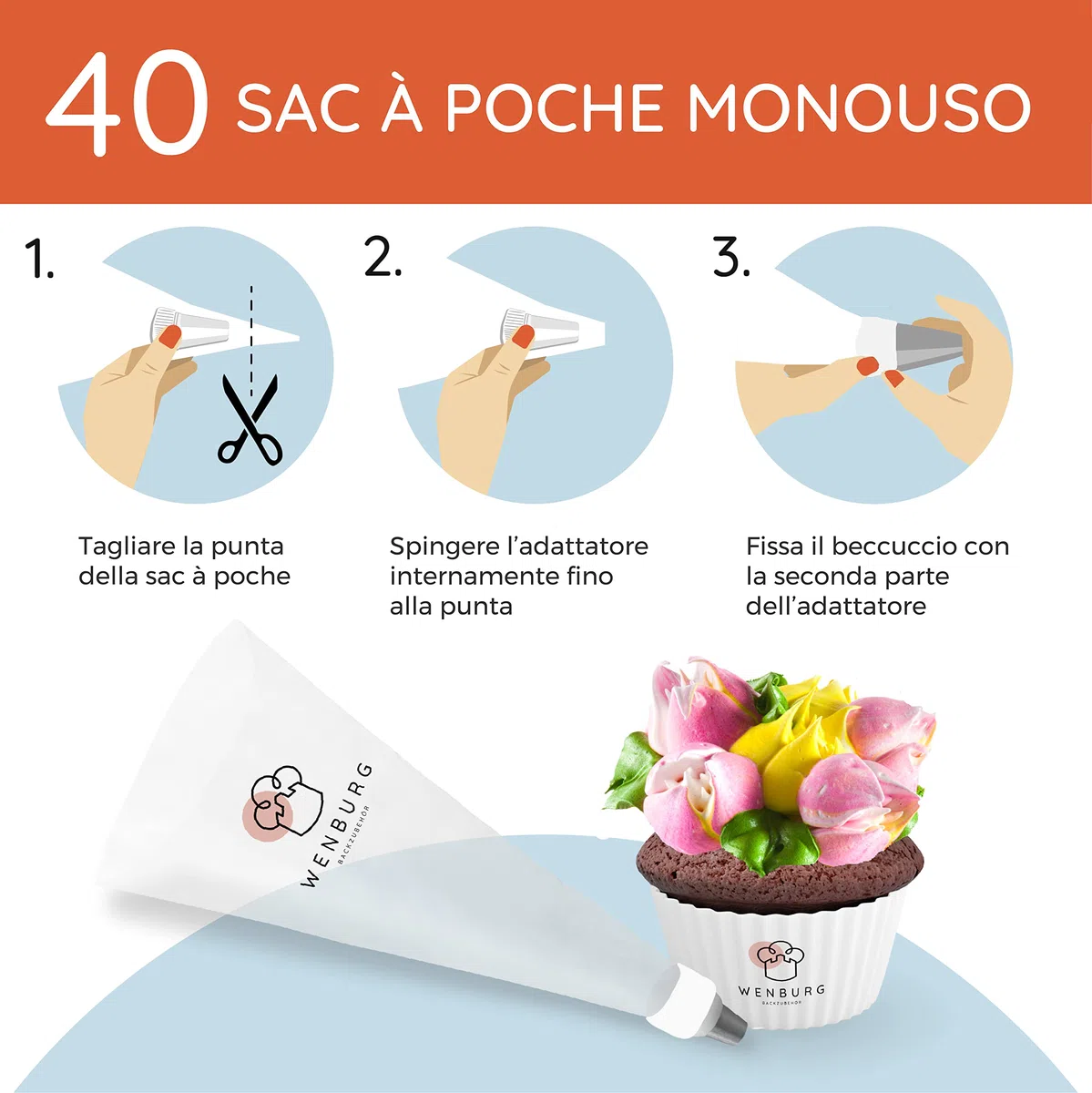 Wenburg Sac à poche con beccucci – 100 pezzi – Set di beccucci per torte in acciaio inox – Set professionale per gli ambiziosi hobbisti – Versatile
