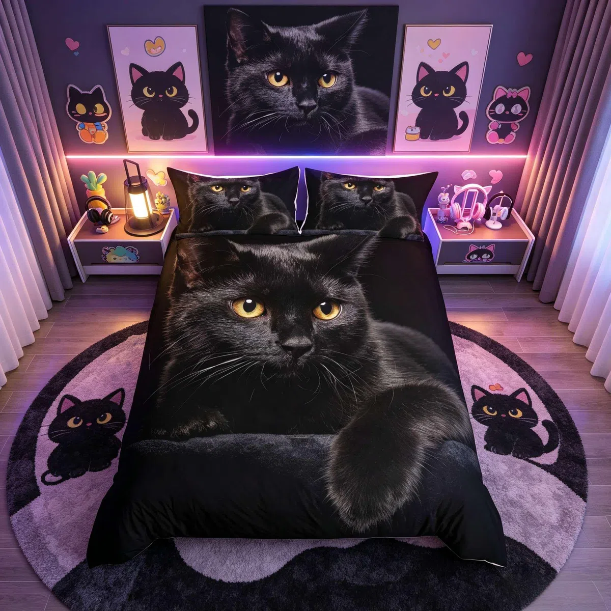 Loussiesd Set di biancheria da letto con motivo gatto, set copripiumino per bambini, motivo gattini carini, in microfibra leggera, decorazione gatto nero misterioso, misura king size