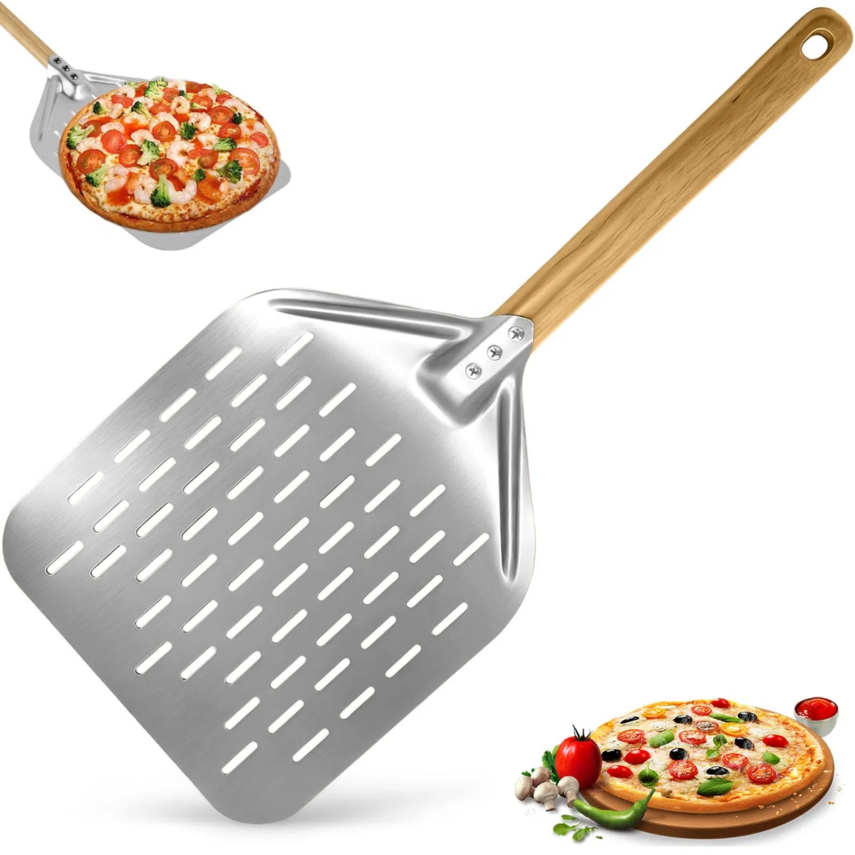 Pala per Pizza Perforata 39,5 x 30 cm con Manico Lungo in Legno Rimovibile, Paletta Pizzas Scorrevole 12 Pollici in Alluminio, Spatola Pane Forata Grande Professionale per Gasgrill, Barbecue e Forno