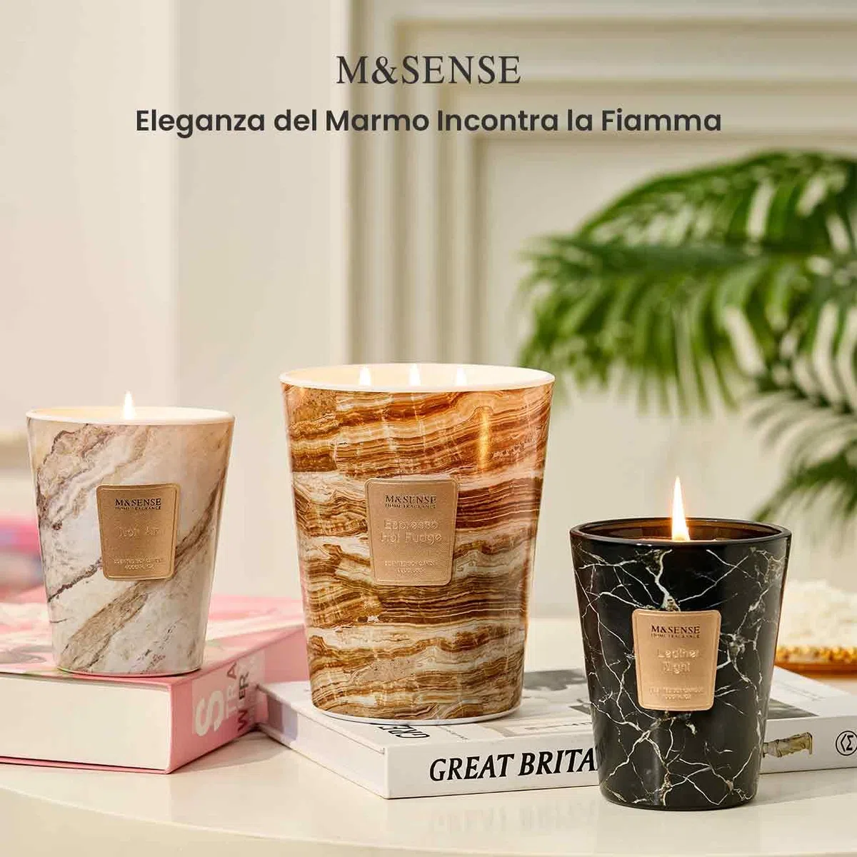 M&SENSE Candela Profumata Grandi 990g Notte Cuoio, 3 Stoppini 150H Dura, Naturali Cera di Soia Non Tossico Candele, Marmo Vetro Room Decor, Regalo di Lusso per Donne/Natale, Home Scented Oversize