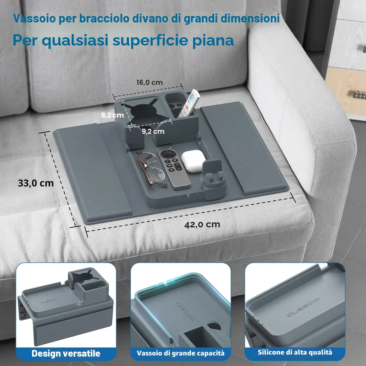 CLESOO Porta Tazze da Divano, Vassoio Portaoggetti Con Doppie Tasche Laterali, Porta Telecomando in Silicone Antiribaltamento, Organizzatore per Tazza Telefono Tablet Snack