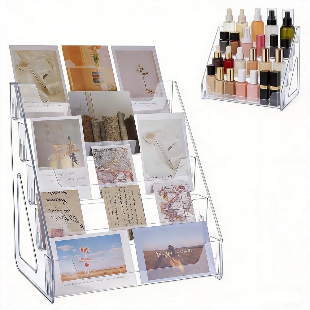 UNICRAFTALE Espositore per biglietti di auguri di Natale a 5 livelli, in acrilico, trasparente, organizer quadrato per carte sportive