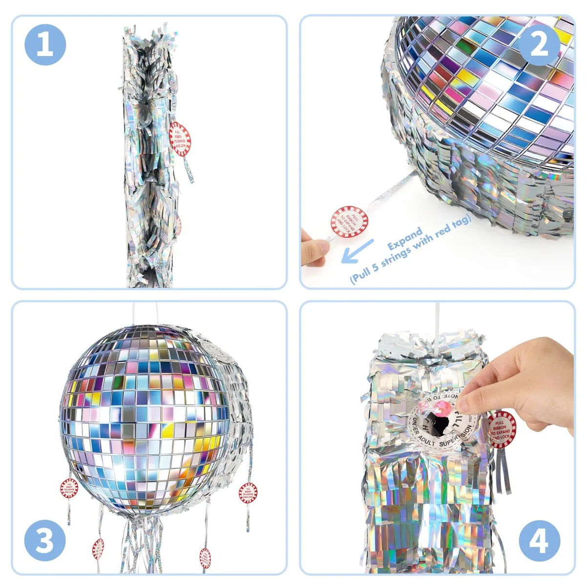 WERNNSAI Pignatta a forma di Palla da Disco - Mini Pignatta da Disco con Benda, Bastoncino e Nastri da Tirare per Decorazione di Festa di Danza Retrò Anni 80 e 90, Forniture per Compleanno per Bambini
