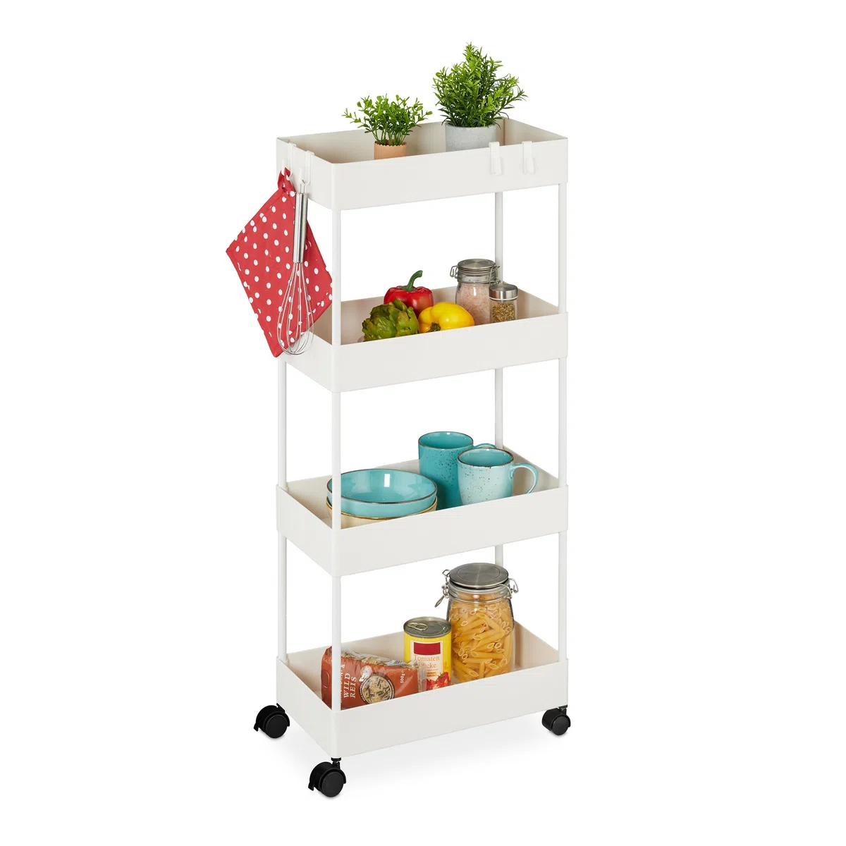 Relaxdays Carrello da Cucina Ruote, 4 Ripiani, Carrellino Portaoggetti per Bagno, Cibo o Detersivi, 93x40x22 cm, Bianco