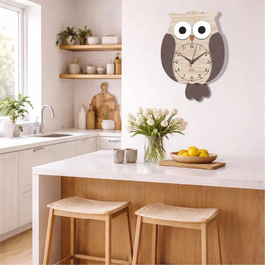 DEKORI – Orologio da Parete a Pendolo Gufo in Legno, Design Decorativo Moderno, Silenzioso, 25x34 cm