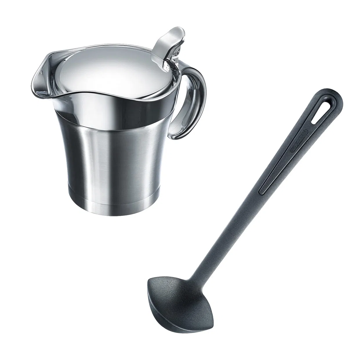 Westmark Set di Salse, 2 Pezzi, 1 Salsiera Termica con Coperchio Ripiegabile, 0,5 L, +1 Cucchiaio per Salse Gentle, Lunghezza: 29 cm, Acciaio Inossidabile/ABS/PP/PA, Argento/Nero, 622422E6