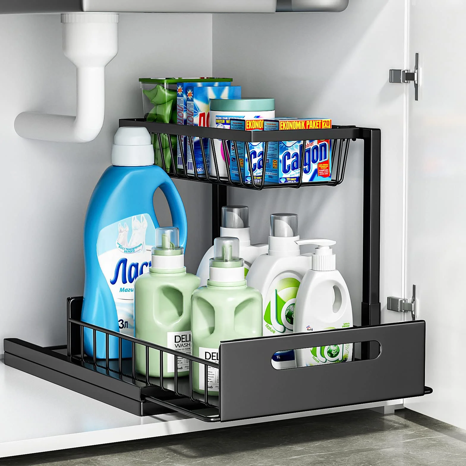 Cocolemon Organizer Sottolavello, Organizer Cucina in Metallo a 2 Livelli, Organizzatore per Armadi Estraibili, Organizzatore da Cucina Stabile e di Grande Capacità, Nero