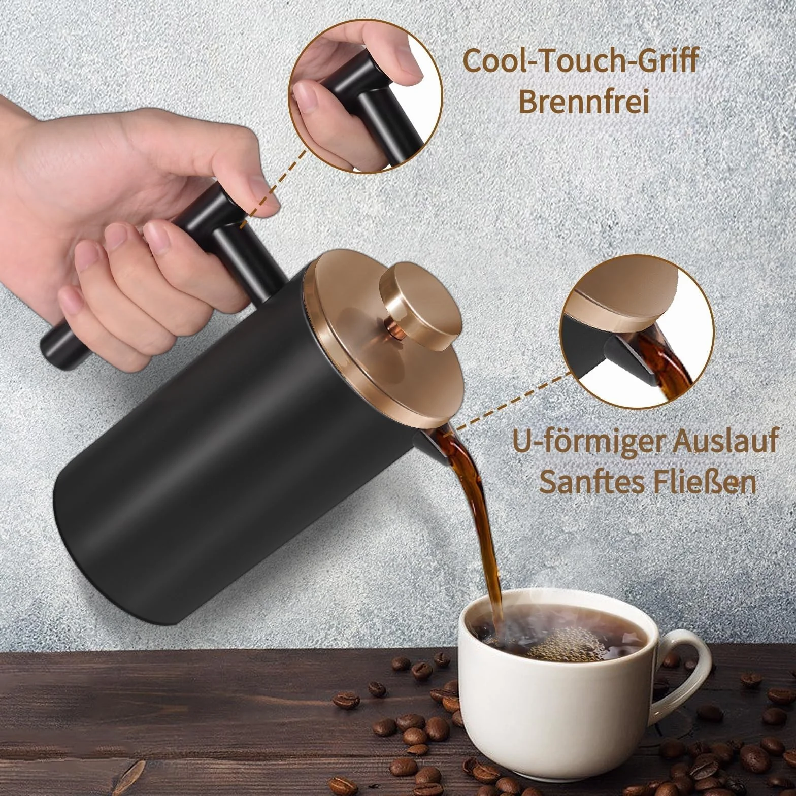 Pressa da caffè in acciaio inox, 600 ml, a doppia parete, isolata, per caffè e tè, con 3 setacci aggiuntivi e un cucchiaino da caffè, nero