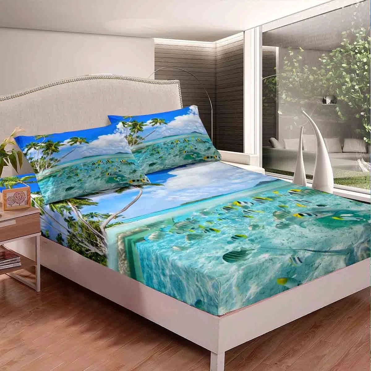 Set di lenzuola da spiaggia per letto matrimoniale donne, ragazze, tropicali, oceano tropicale, set di biancheria da letto con animali marini hawaiani, per le vacanze estive, con 2 federe, blu