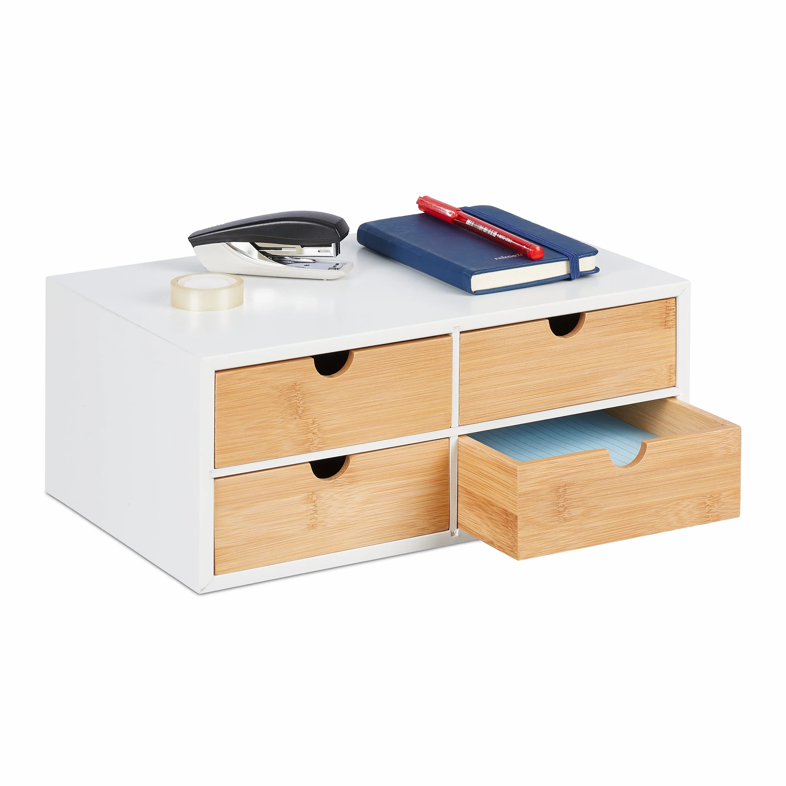 Relaxdays Organizer da Scrivania, bambù e MDF, Portaoggetti Salvaspazio con 4 Cassetti, HLP 14x33x21 cm, Bianco/Naturale