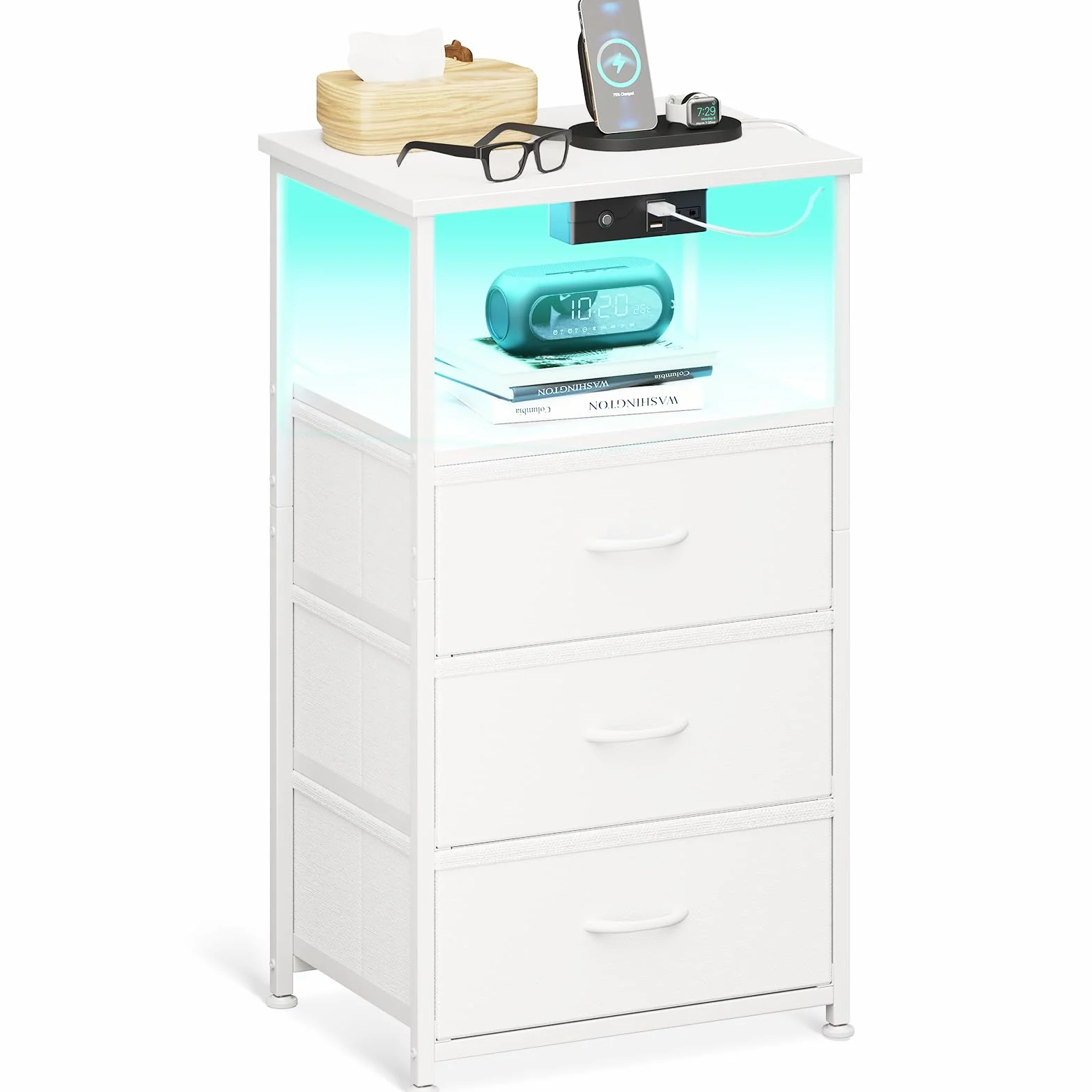 Coleshome Comodino Camera da Letto, con Presa di Corrente e 2 Luci USB e LED, Comodini Camera da Letto con 3 Cassetti in Tessuto e 2 Vano Portaoggetti, 40 * 30 * 70cm, Confezione da 1