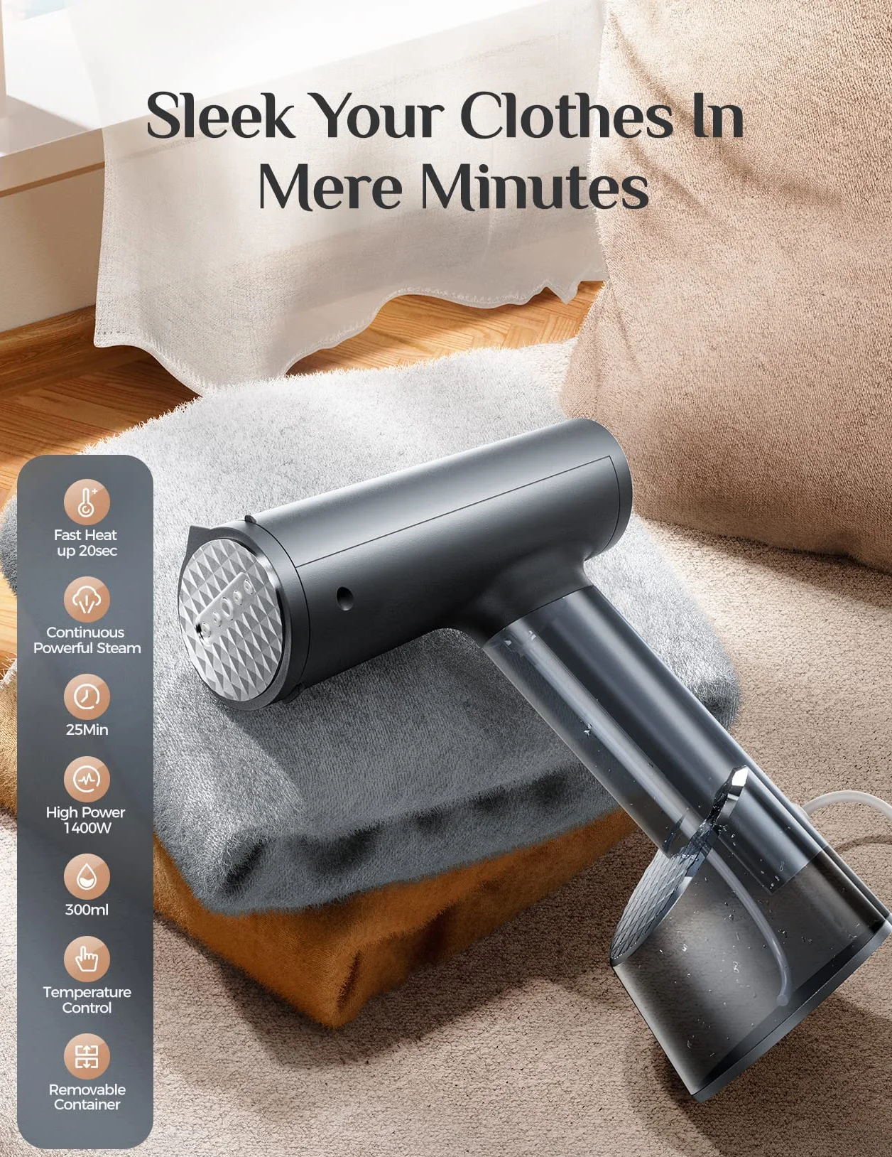 Ferri da viaggio Ferro da Stiro Verticale a Vapore, Mioduro Mini Stiratrice Verticale 20s Riscaldamento, Portatile Rimozione Rughe Tessuto con Pennello Ferro da Stiro a Vapore per Tende