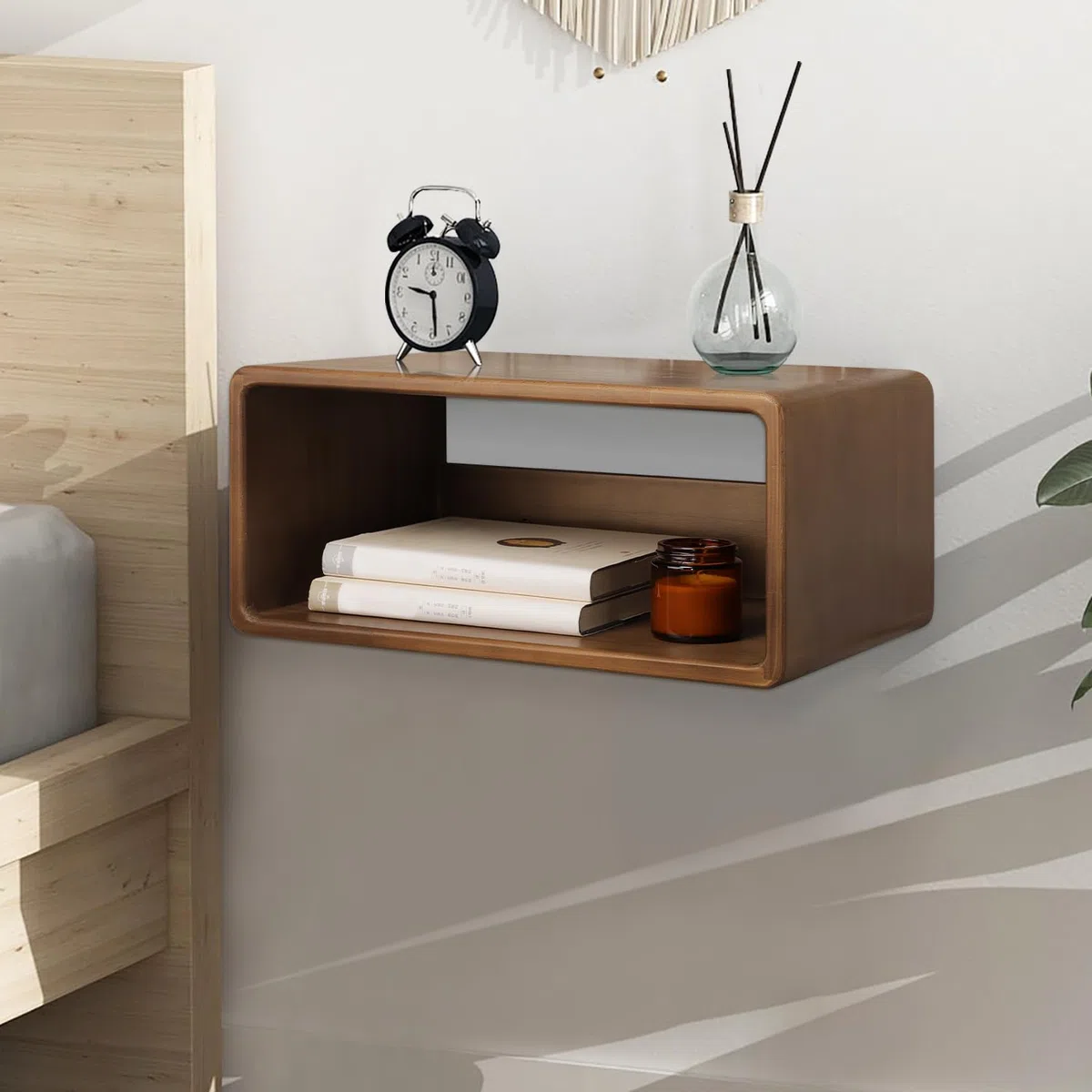 Mensola da comodino a parete e tavolo da notte sospeso in legno di pino, stile minimalista, 43 x 19 x 25 cm, marrone