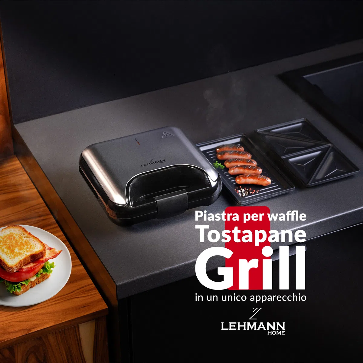 LEHMANN Sandwichmaker 3 in 1, Piastra Elettrica Multifunzione con Piastre Intercambiabili – Sandwich Maker con Piastra per Toast e Panini e Waffle, Preparazione Veloce, Antiaderenti